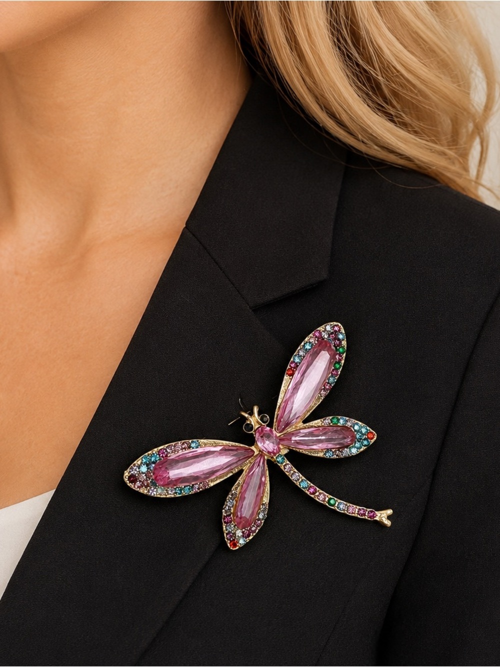 Mint Pink Multicolor Rhinestone Dragonfly Brooch Gold Tone NWT